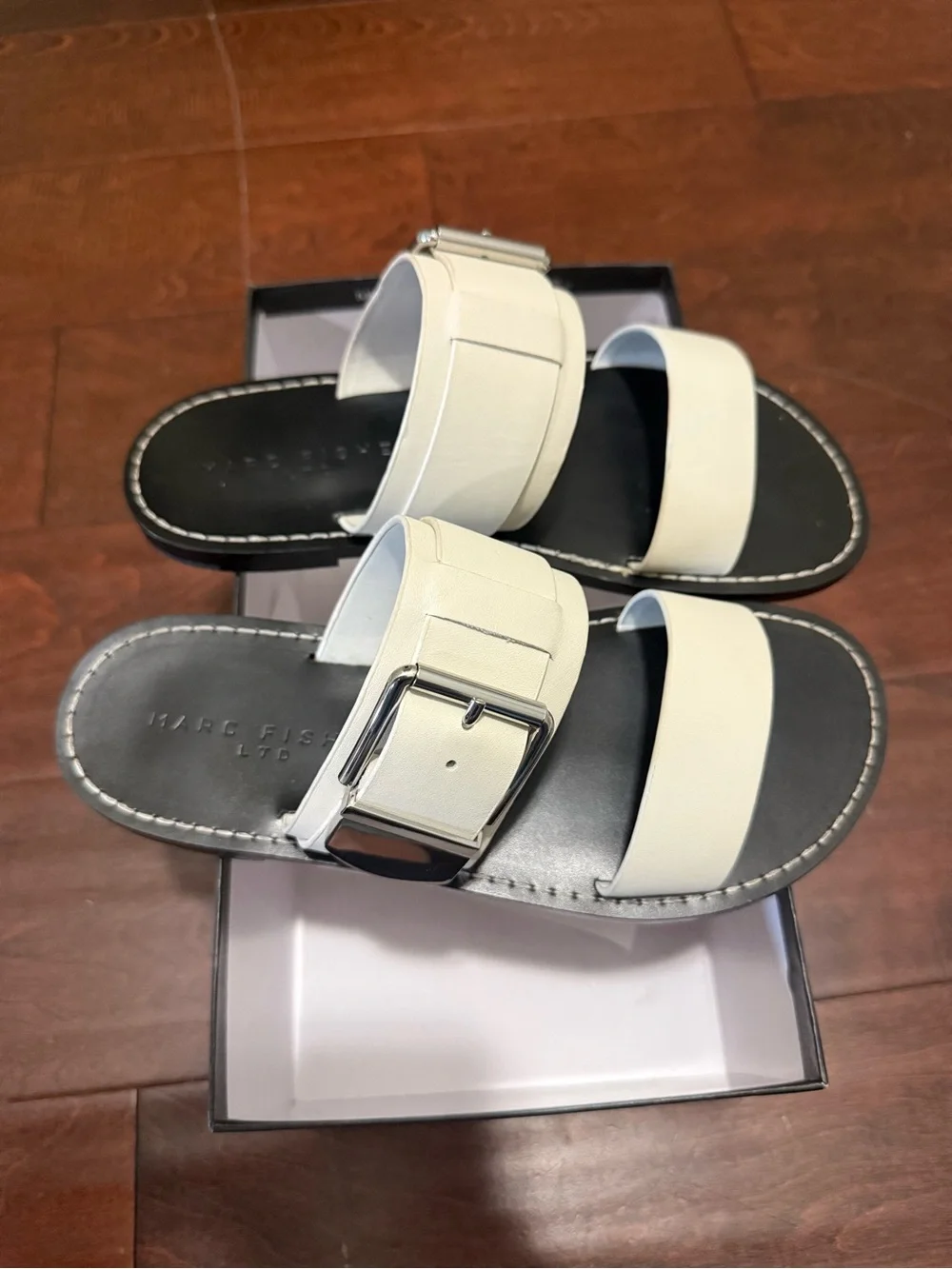 Marc Fisher Ivory Leather Buckle Slide Sandals